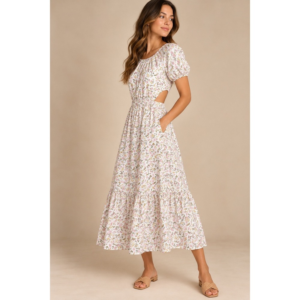 J.Crew Re-Imagined Floral Cutout Back Midi Dress White Pink Green BG400 Size 6